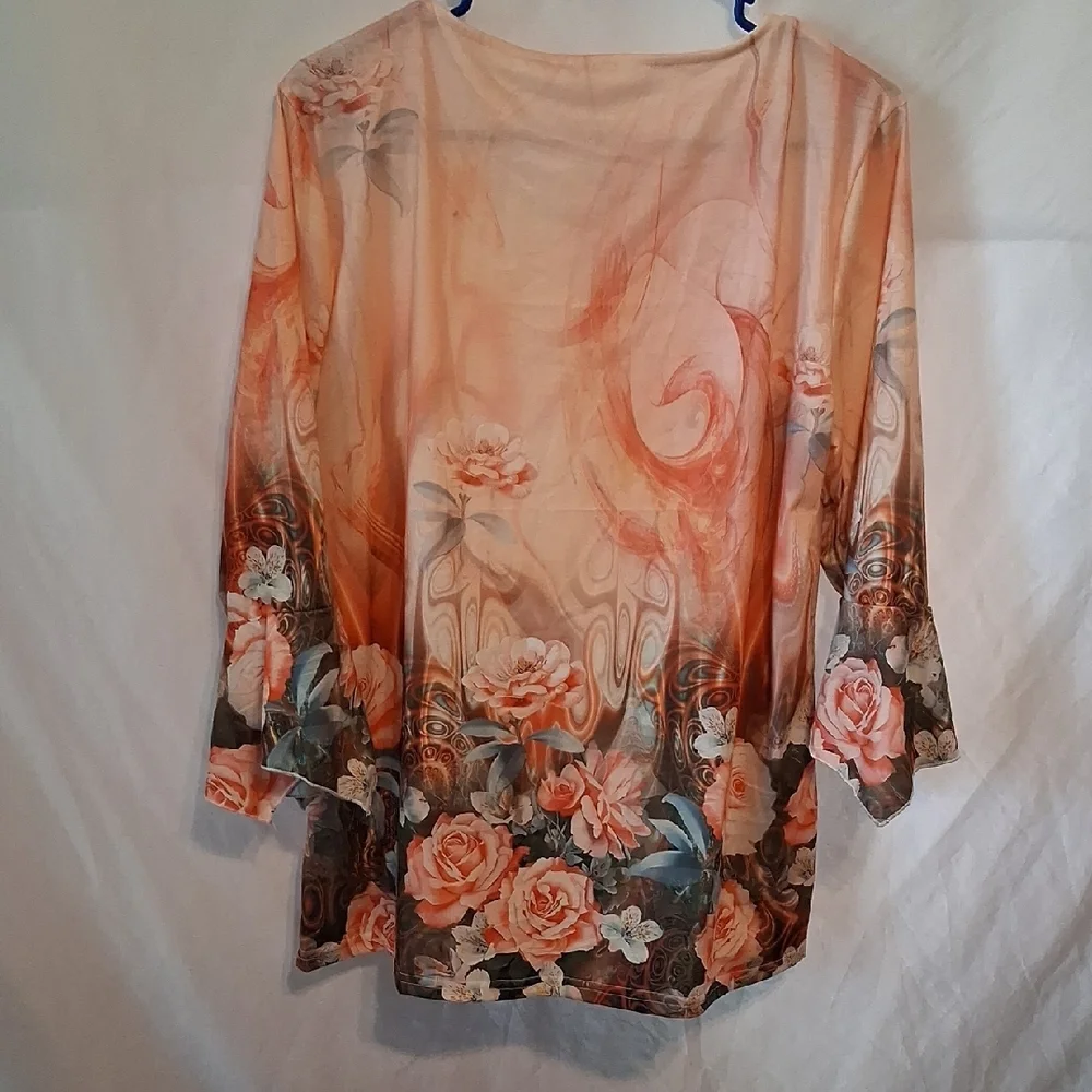 Peach Floral Pintuck Peasant Tunic with Button Placket - Picture 3 of 5